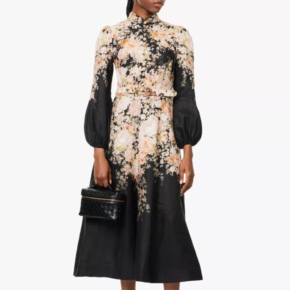 ZIMMERMANN Floral-print puff-sleeve linen midi dress - Picture 1 of 13